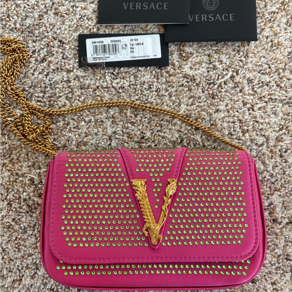 Versace Satin Stone Crossbody Bag Pink w/tags Virtus crystal EUC